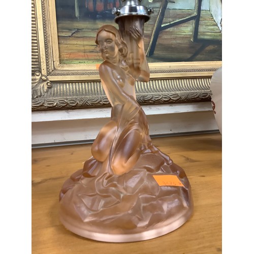 549 - Art Deco peach tinted moulded glass figural table lamp