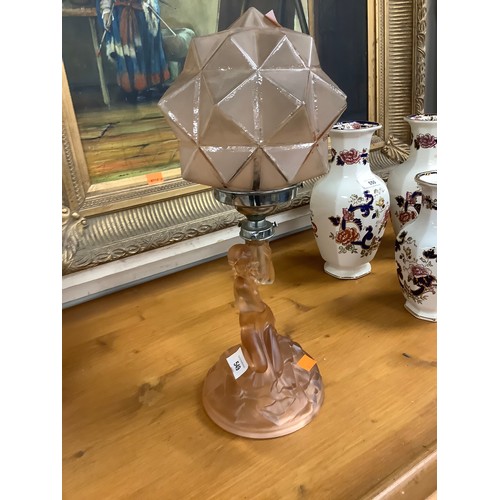 549 - Art Deco peach tinted moulded glass figural table lamp