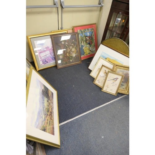 684A - Assorted framed pictures and prints including Victorian tapestry of a sparrowhawk, an American photo... 