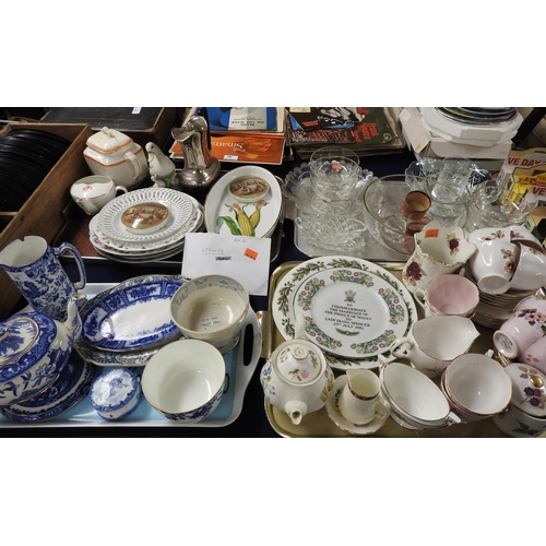 78 - Mixed tea wares, commemorative plates, glass dessert dishes, fruit bowls, blue and white Burleigh wa... 