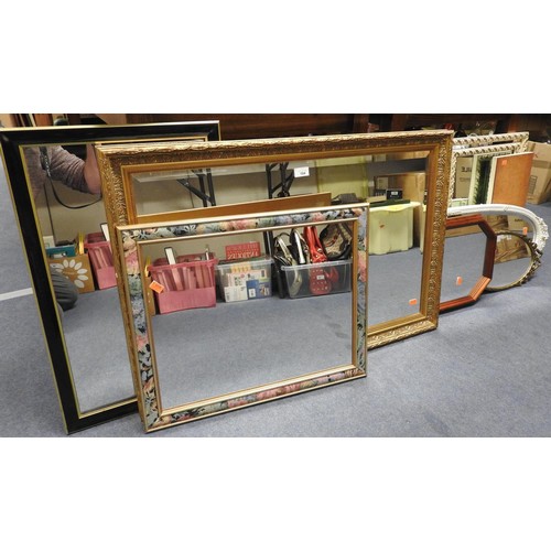 104 - Moulded gilt framed rectangular wall mirror, white coloured and moulded triptych dressing table mirr... 