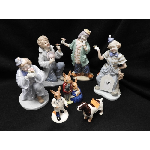 105 - Two Royal Doulton Bunnykins figures, Beswick china model of a spaniel, four Spanish porcelain clown ... 