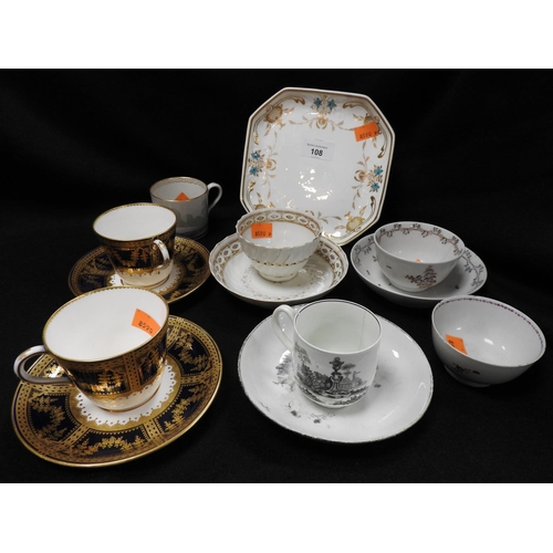 108 - Early English porcelains and china including Spode gilt decorated stand, Newhall and other porcelain... 