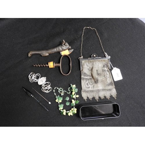 240 - Chainmail evening bag, Bully Beef tin opener (af), corkscrew, lady's fashion watch etc