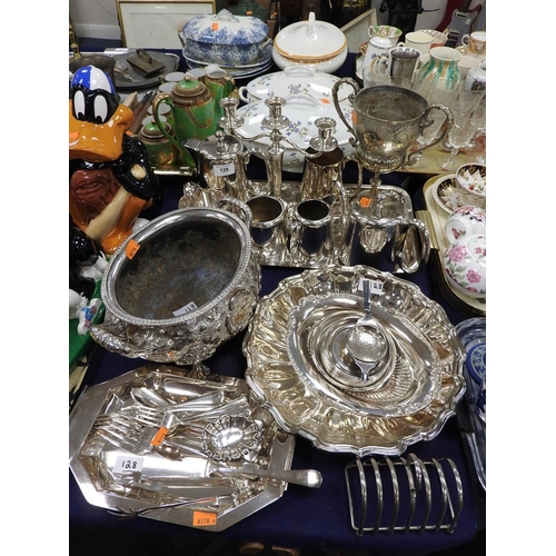 128 - Assorted Victorian and later silver plated wares including a footed tureen, tea service, pedestal go... 