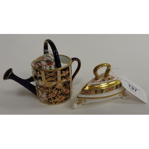 137 - Royal Crown Derby miniature imari watering can, 8cm; also a modern Royal Crown Derby imari flat iron... 