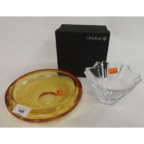 149 - Whitefriars amber tinted shallow bowl and an Orrefors flared clear glass bowl, with box