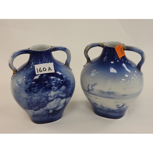 160A - Pair of blue 'children' twin handled vases (unmarked), height 18cm