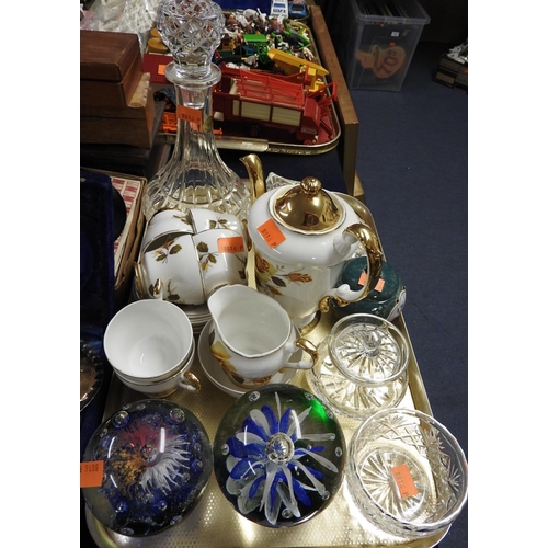 68 - China gold decorated coffee service, mixed glassware including two large paperweights