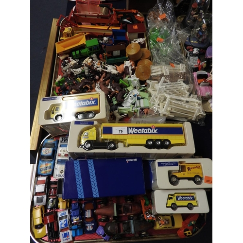 79 - Assorted die cast collectable vehicles including Weetabix lorries and vans, assorted plastic farm an... 