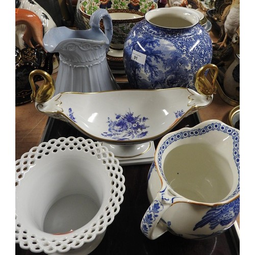 91 - German gilded table centre bowl, decorative jugs, Fenton blue and white printed vase, Royal Doulton ... 