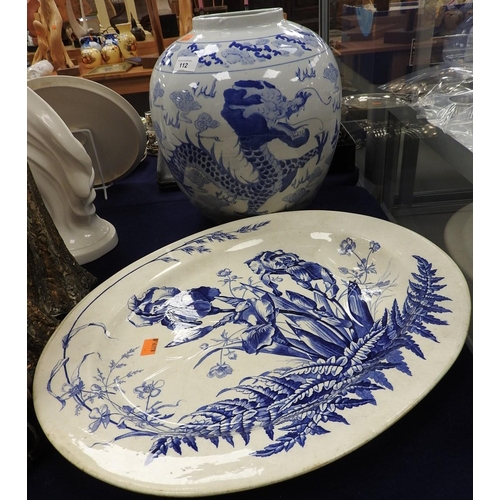 112 - Large Oriental blue and white jar and a Victorian blue and white meat plate