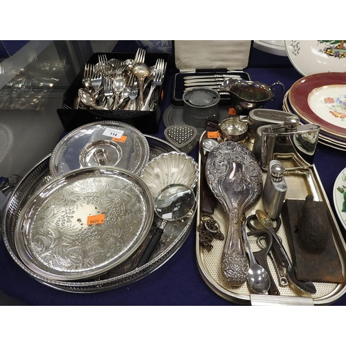 114 - Silver backed hand mirror, assorted plated ware including loose cutlery, pewter capstan inkwell, gen... 