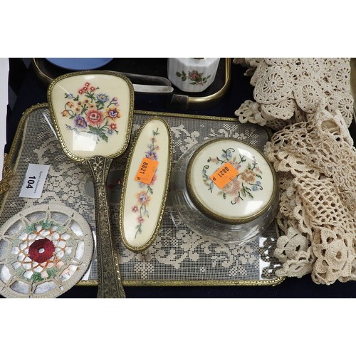 104 - Petit point dressing table set, crochet tablemats etc.