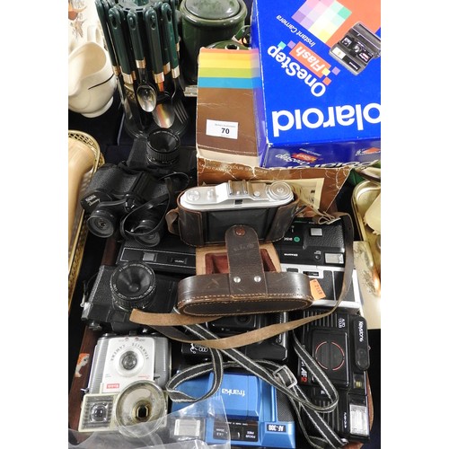 70 - Vintage cameras including Agfa Isolette, Polaroid Land Camera, another Polaroid camera, Halina, 8x30... 