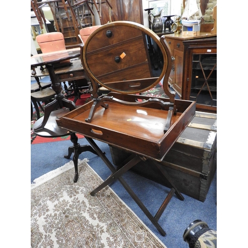 607 - Mahogany butler's tray on cross framed stand and a mahogany skeleton toilet mirror (2)