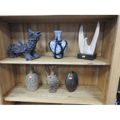 619 - Decorative items including sculptural stoneware phoenix, bird sculpture, two pottery vessels, bronze... 