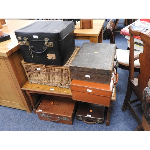 636 - Vintage luggage and a wicker basket and an oak coffee table (7)