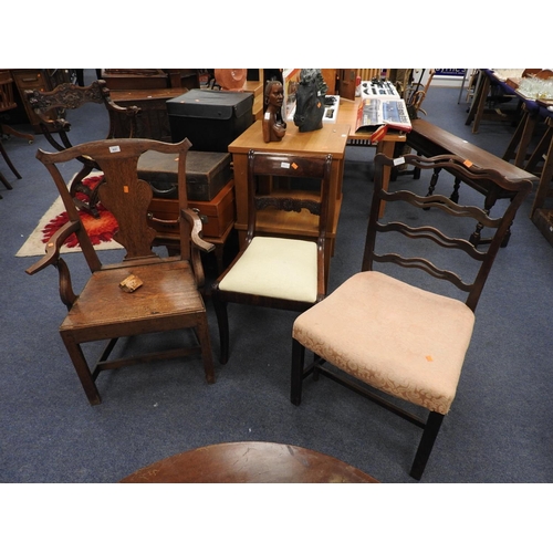 637 - George III mahogany slat back armchair, also a Georgian mahogany ladderback side chair in the Chippe... 