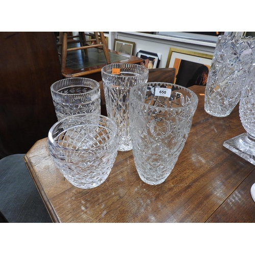 650 - Two Waterford cut crystal vases, the largest 26cm, also two further cut crystal vases (4)