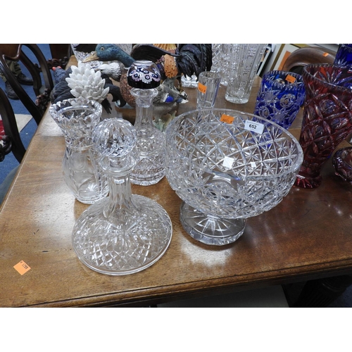 652 - Cut glassware including large pedestal bowl, 23cm diameter, also a cut crystal decanter with silver ... 