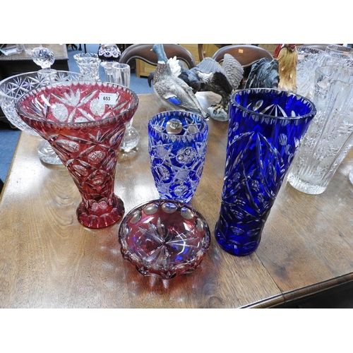 653 - Ruby overlay glass vase, 28cm, also  a ruby overly shallow bowl, blue overlay glass vase, 31cm, and ... 