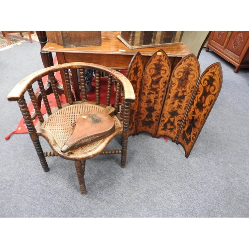 661 - Unusual bobbin turned beech corner chair, an old pair of bellows and a penwork four fold screen, hei... 