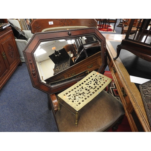 667 - George V oak octagonal bevelled glass wall mirror, also a 19th Century brass trivet