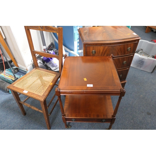 447 - Small mahogany bow front three drawer chest, also an oak cane seated side chair and a mahogany two t... 