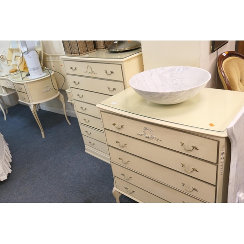 466 - French style cream bedroom suite comprising kidney shaped dressing table with triptych mirrors, cont... 