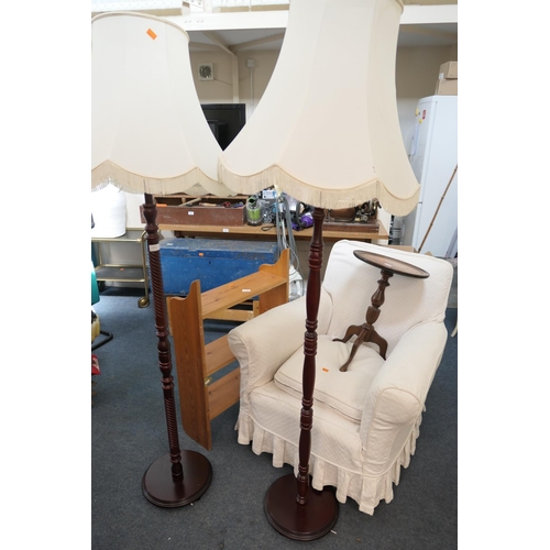 467 - Edwardian deep easy chair in loose covers, also two mahogany finish standard lamps, pine open shelve... 