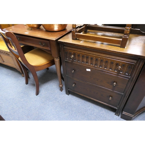 479 - Dark oak three drawer chest, also a mahogany finish side table and a single chair (3)