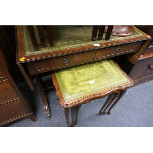 522 - Mahogany and leather topped drop leaf sofa table and a nest of glass and leather topped occasional t... 