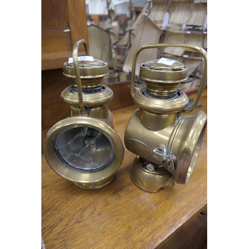 591 - Pair of vintage brass carbide lamps