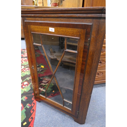 593 - Oak and mahogany banded glazed corner display cabinet