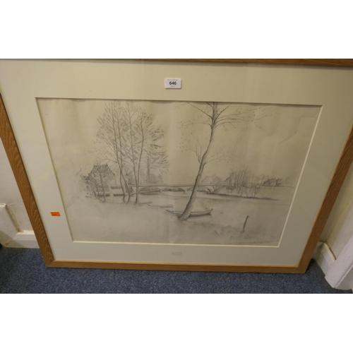 646 - Framed pencil drawing of a river bridge, indistinctly signed; also a framed coloured print of a cava... 