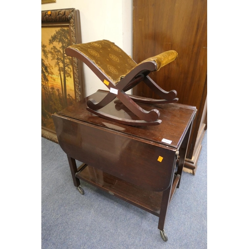 649 - Mahogany drop leaf tea trolley and a Victorian gout stool (2)