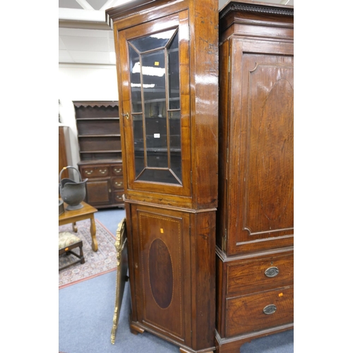 683 - Mahogany glazed and panelled free standing corner cupboard, height 217cm