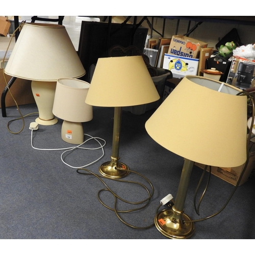 104 - Pair of brass style Corinthian table lamps, pottery table lamp and a touch table lamp (4)