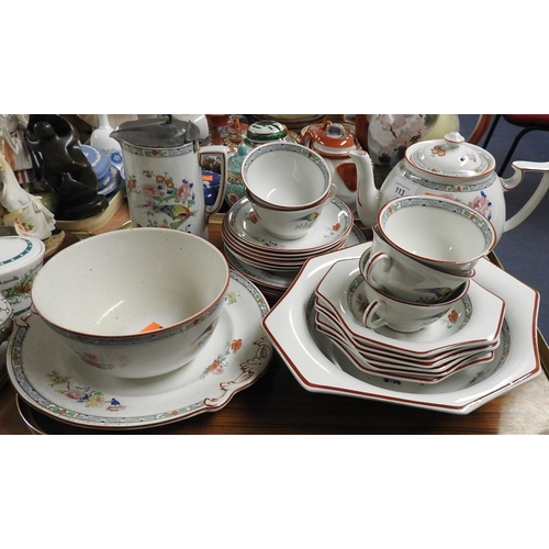 113 - Solian ware Ironstone tea and breakfast wares including pewter lidded milk jug (1 tray)