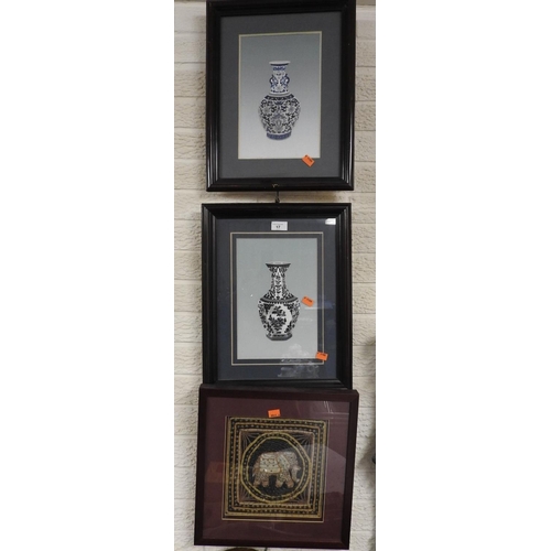 17 - Two framed silk embroideries of Chinese vases; also an Indian stump work picture of an elephant