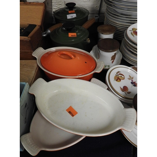 18 - Two Le Creuset saucepans, Cousances lidded and twin handled cooking pot and two further similar dish... 