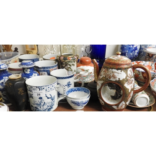 28 - Assorted Oriental wares including an unusual Kutani teapot hollowed out with tree form in centre, No... 