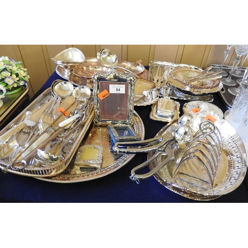 54 - Assorted silver plated wares including salvers, toast rack, picture frames, serving dishes and a sma... 