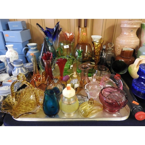 60 - Mixed coloured glassware including art form vases, bowls, jugs, decanter, rolling pin and perfume bo... 