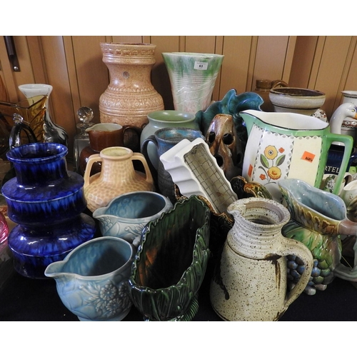 63 - Mixed ceramics including West German vases, flagon, Victorian water jug, further water jugs and a br... 