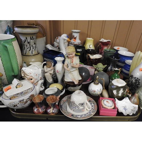 64 - Assorted collectables including an Aynsley Bird of Paradise urn, pottery vases, Cornish wares, Wade ... 