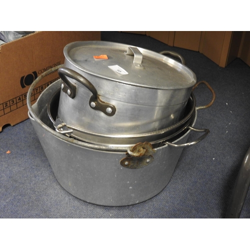 65 - Two jam pans and a lidded twin handled aluminium stewing pot (3)
