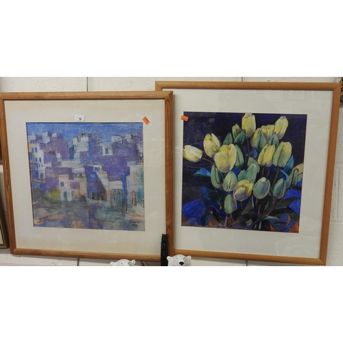 79 - Two Sutherst pastel drawings, one still life of tulips, the other a Mediterranean village scene