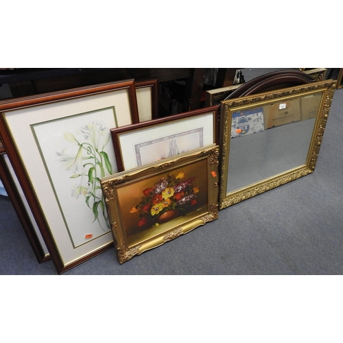 93 - Still life water colour, signed; also oil on canvas, signed, oval mirror in moulded frame and a gilt... 